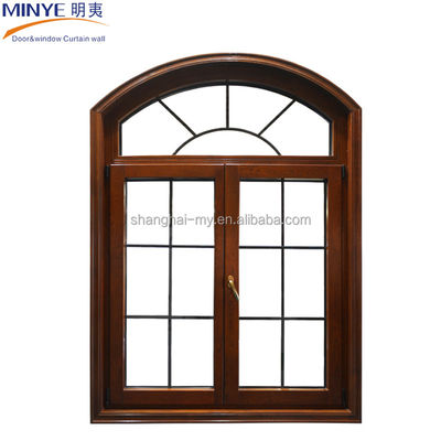 Ventana de revestimiento de arco de diseño clásico de aleación de aluminio de grano de madera para decoración de casas
