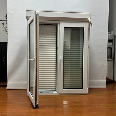 Ventana de revestimiento de PVC de pantalla plegable con mosquiteros de fibra de vidrio y persianas rodantes