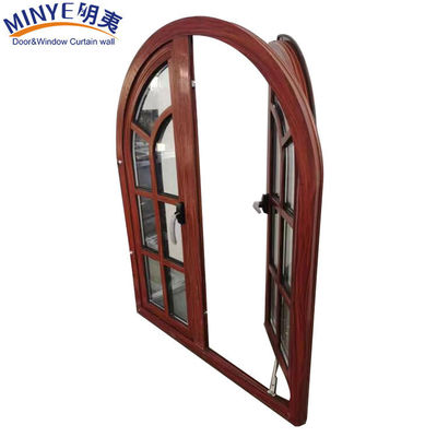Ventana de forma de arco semicircular de aluminio de grano de madera con patrón de apertura horizontal